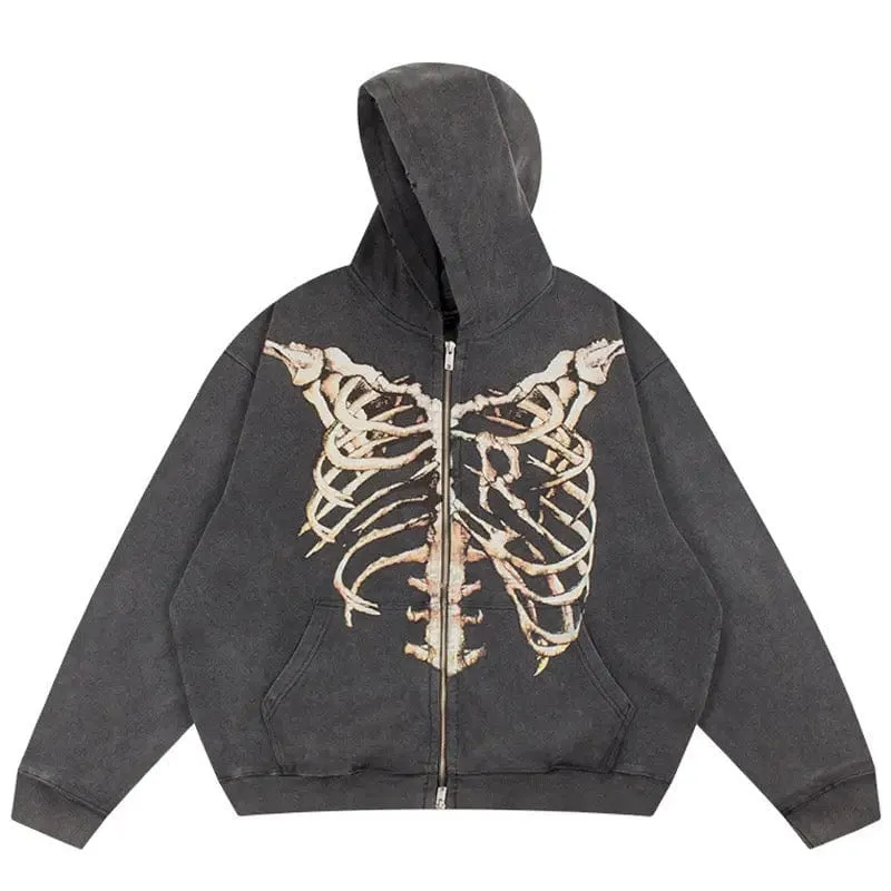 2000s Dark Skeleton Zip Up Hoodie