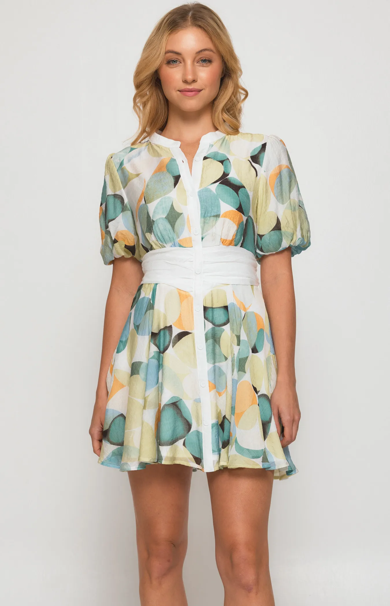 Abstract Print Contrast Panel Mini Dress with Button Details (WDR532B)