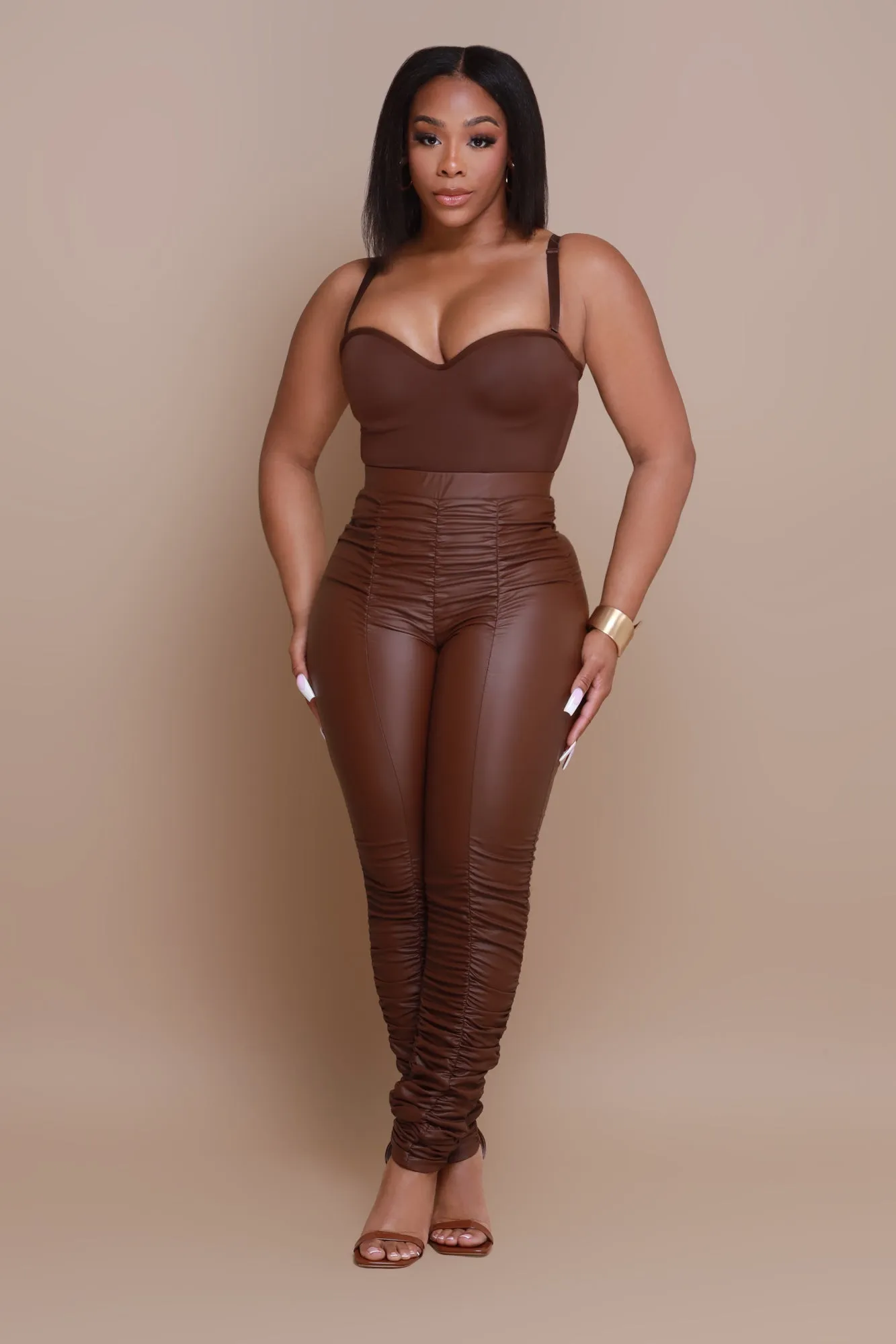 Be Honest Ruched High Waist Pants - Chocolate Faux Leather