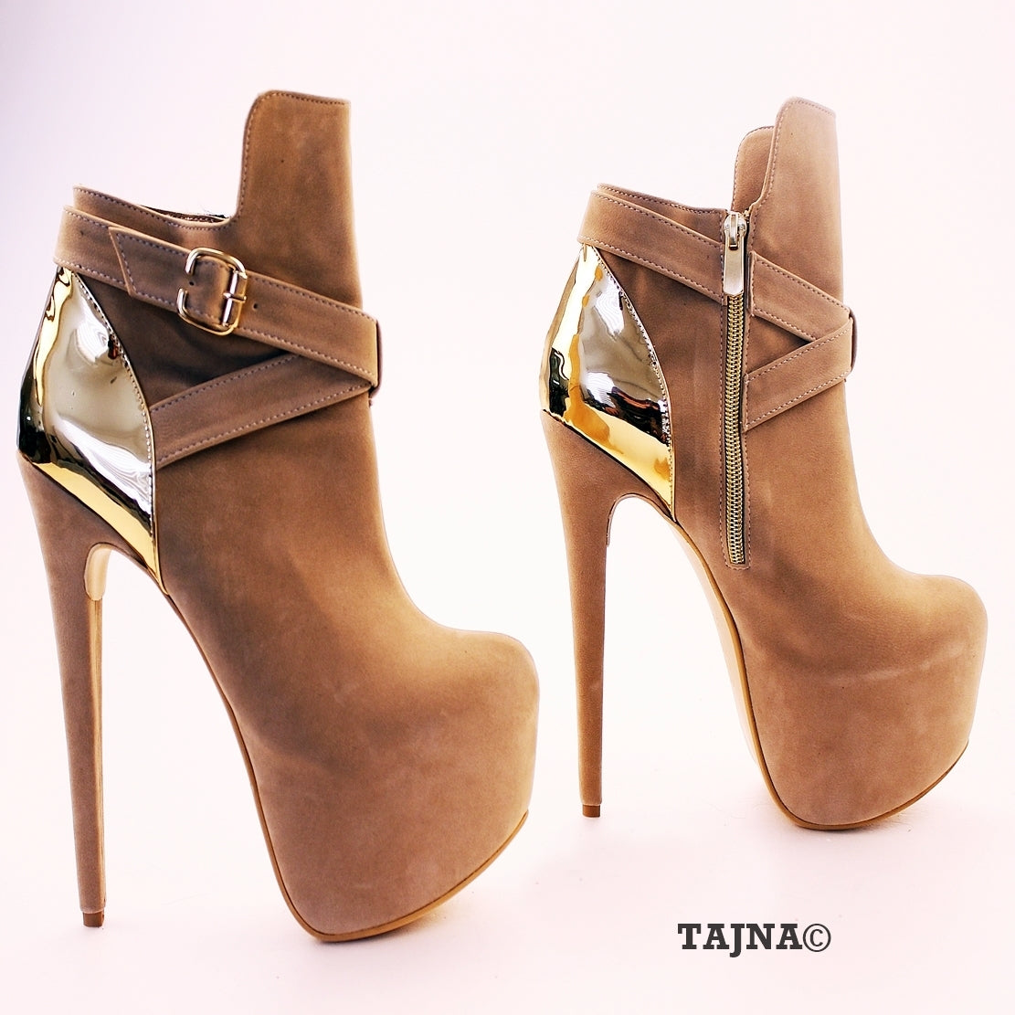 Beige Faux Suede Golden Detail Platform Booties