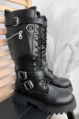 Black Pockets And Metal Detail Tall Boots