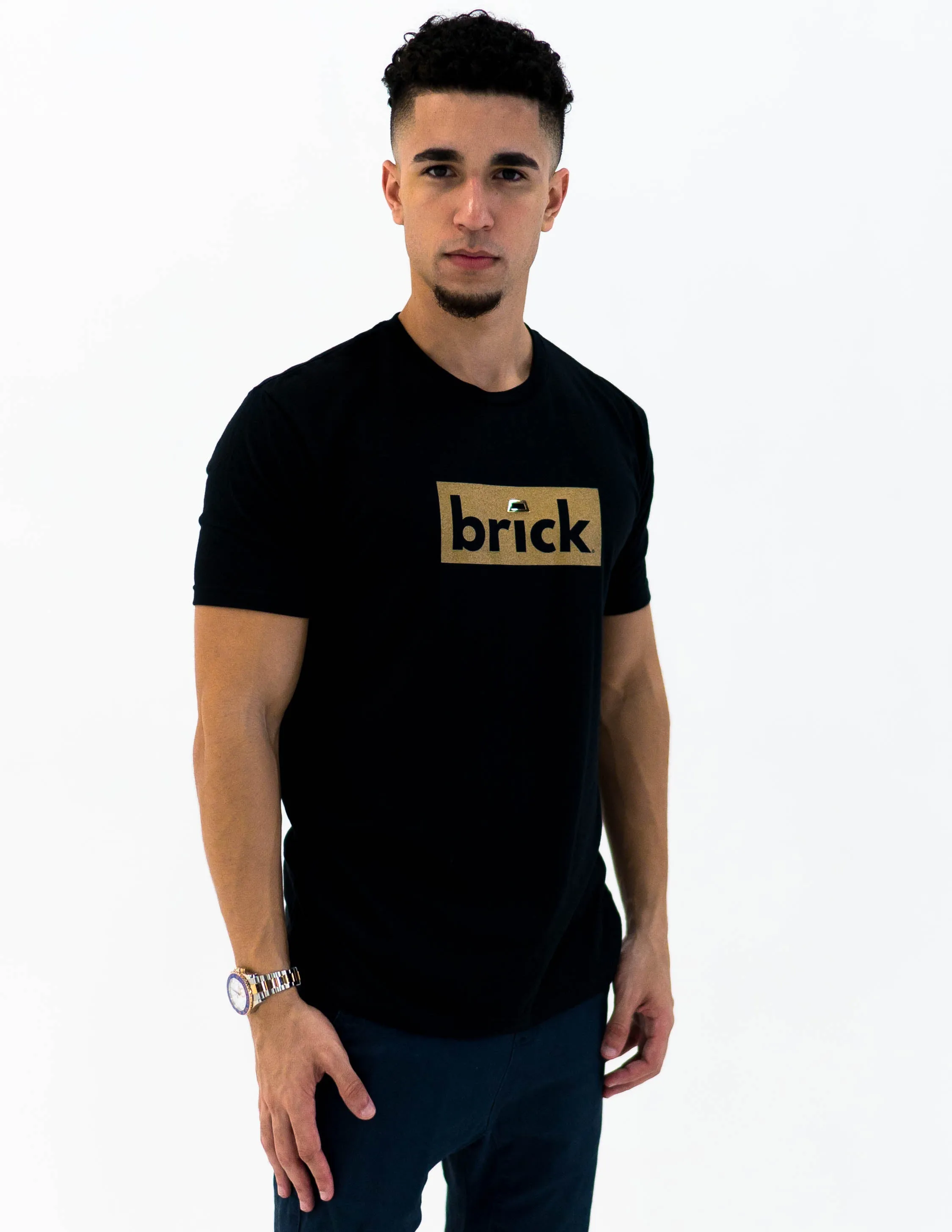 brick 14k gold bonded short sleeve shirt - black / yellow gold