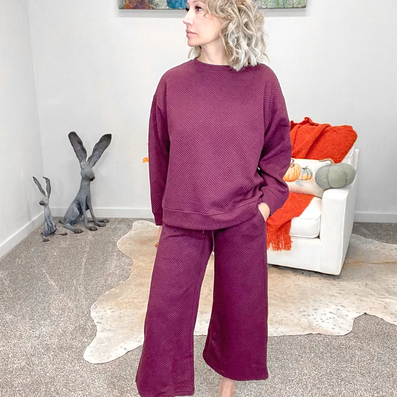 Burgundy Textured Cropped Wide Leg Pants