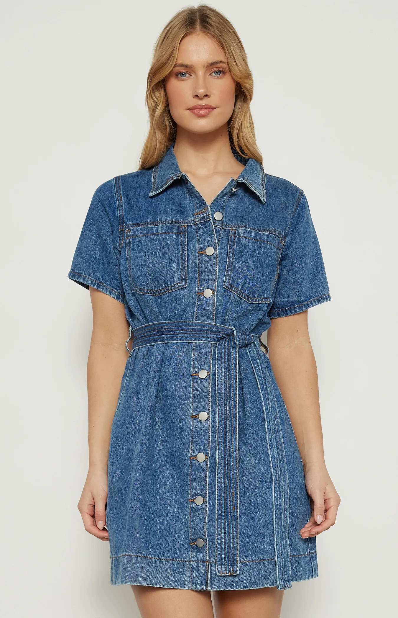 Button Up Denim Mini Dress with Stitched Detail Belt (WDM606)