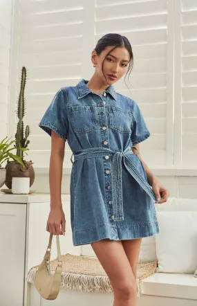 Button Up Denim Mini Dress with Stitched Detail Belt (WDM606)