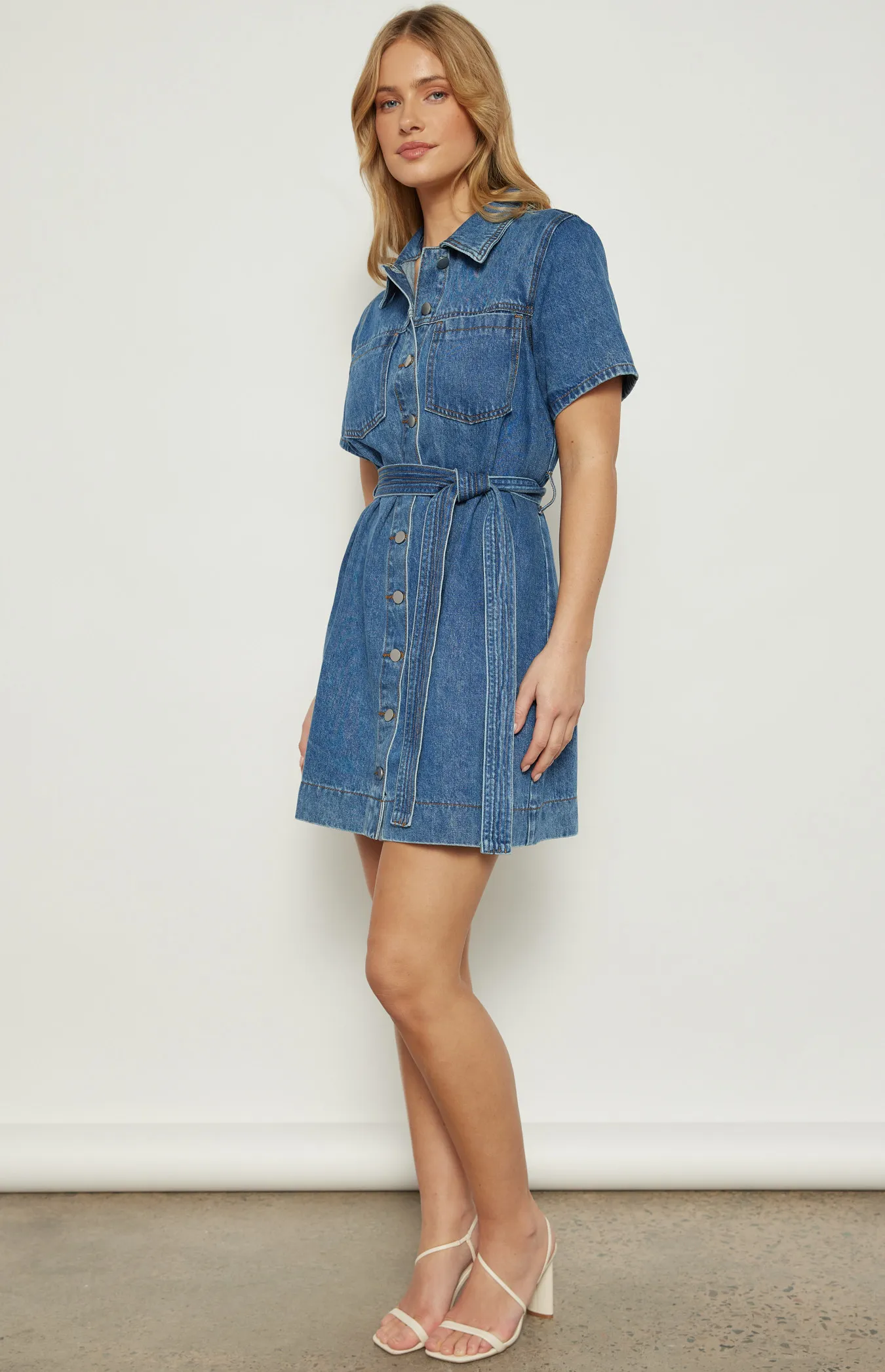 Button Up Denim Mini Dress with Stitched Detail Belt (WDM606)