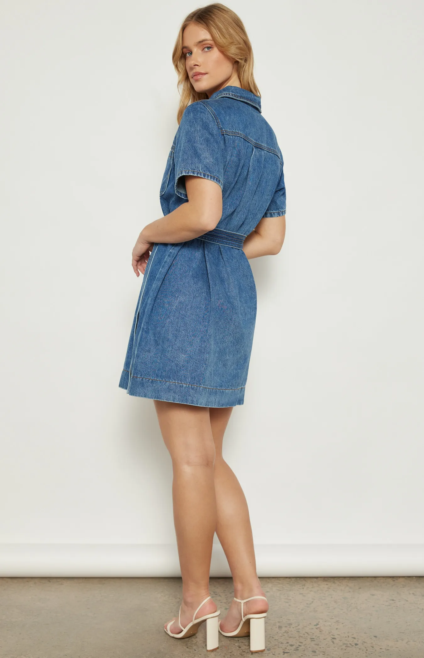 Button Up Denim Mini Dress with Stitched Detail Belt (WDM606)