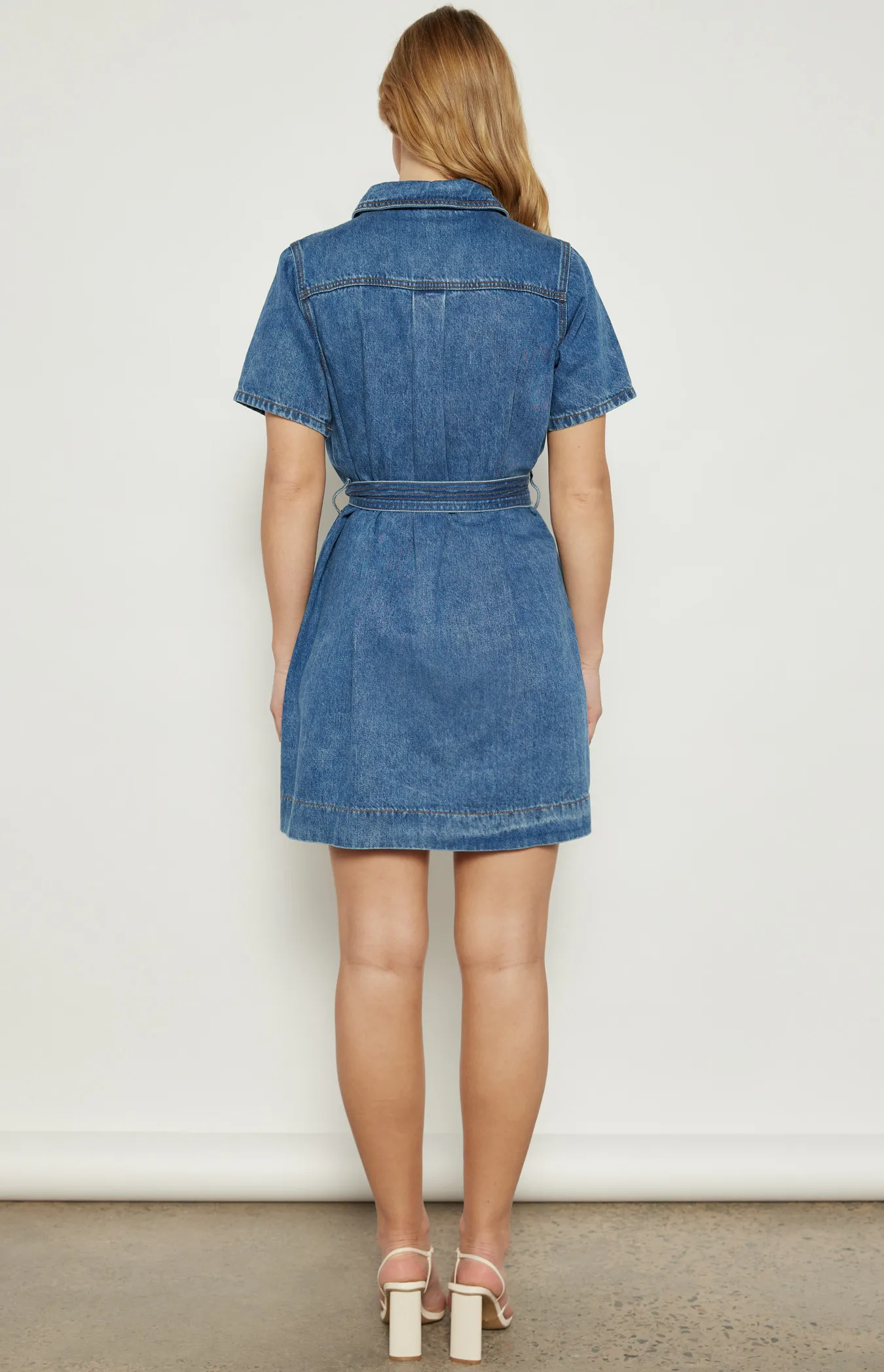 Button Up Denim Mini Dress with Stitched Detail Belt (WDM606)