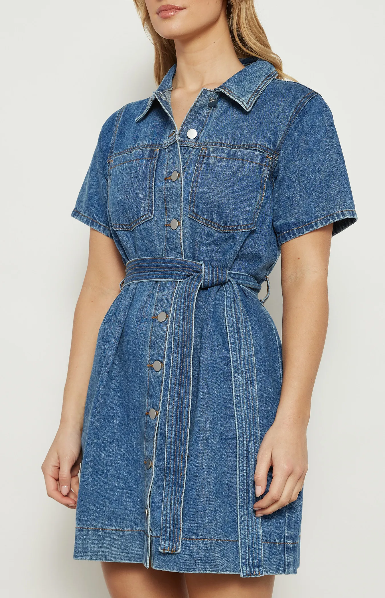 Button Up Denim Mini Dress with Stitched Detail Belt (WDM606)