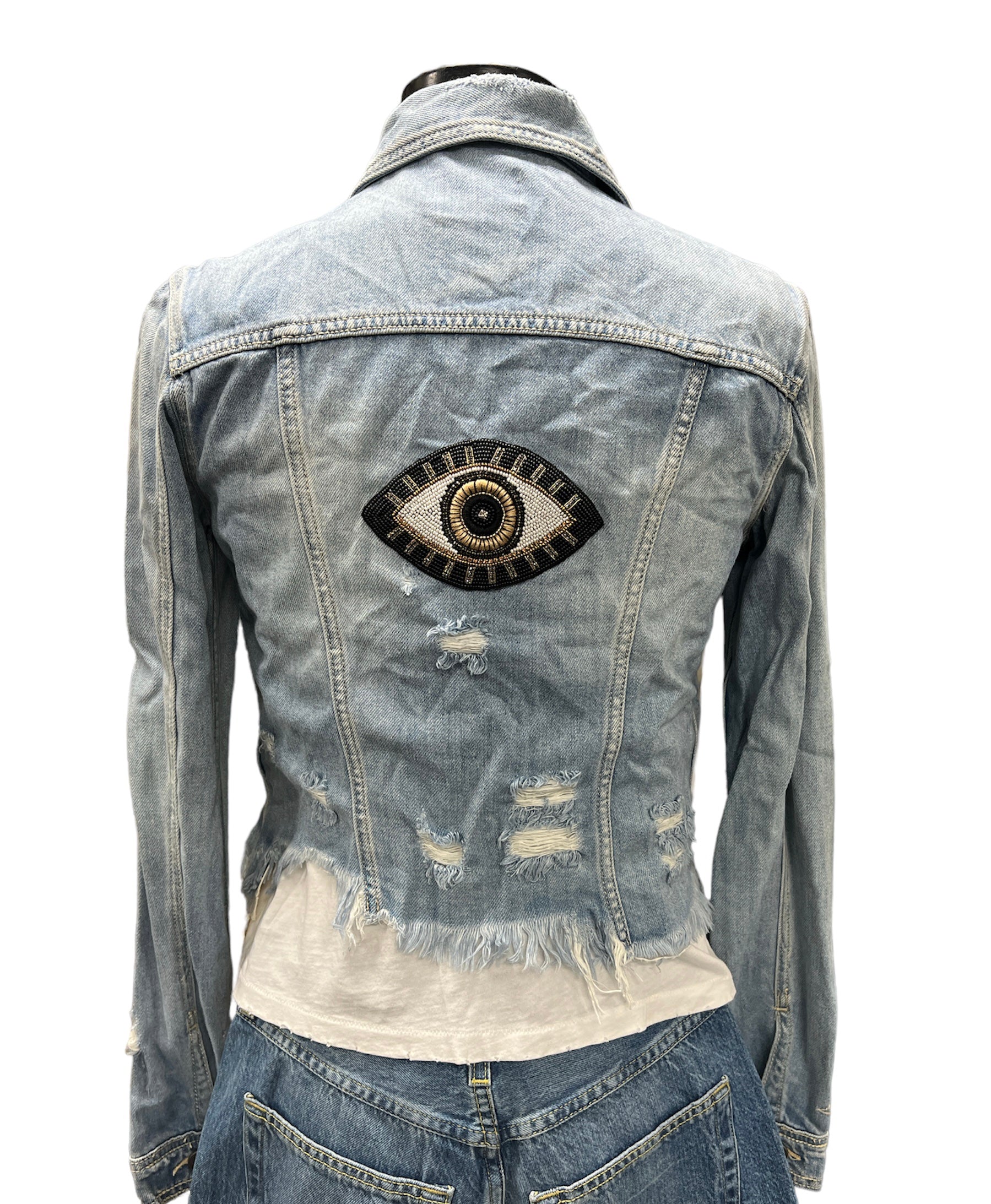 Collab 322 Eye Spy Cropped Fringe Blue Denim Jacket