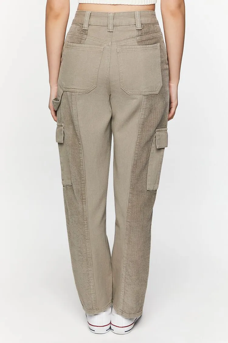 Corduroy-Panel Straight-Leg Utility Pants