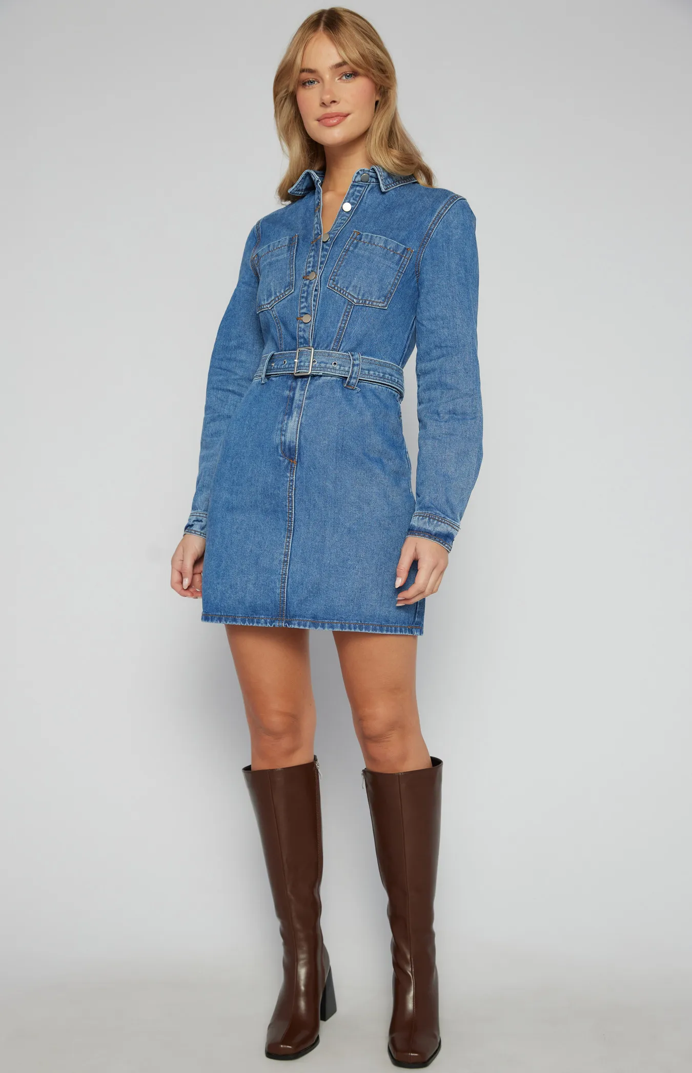 Denim Shirt Dress with Front Pockets and Metal Buckle Belt (SDM134B)