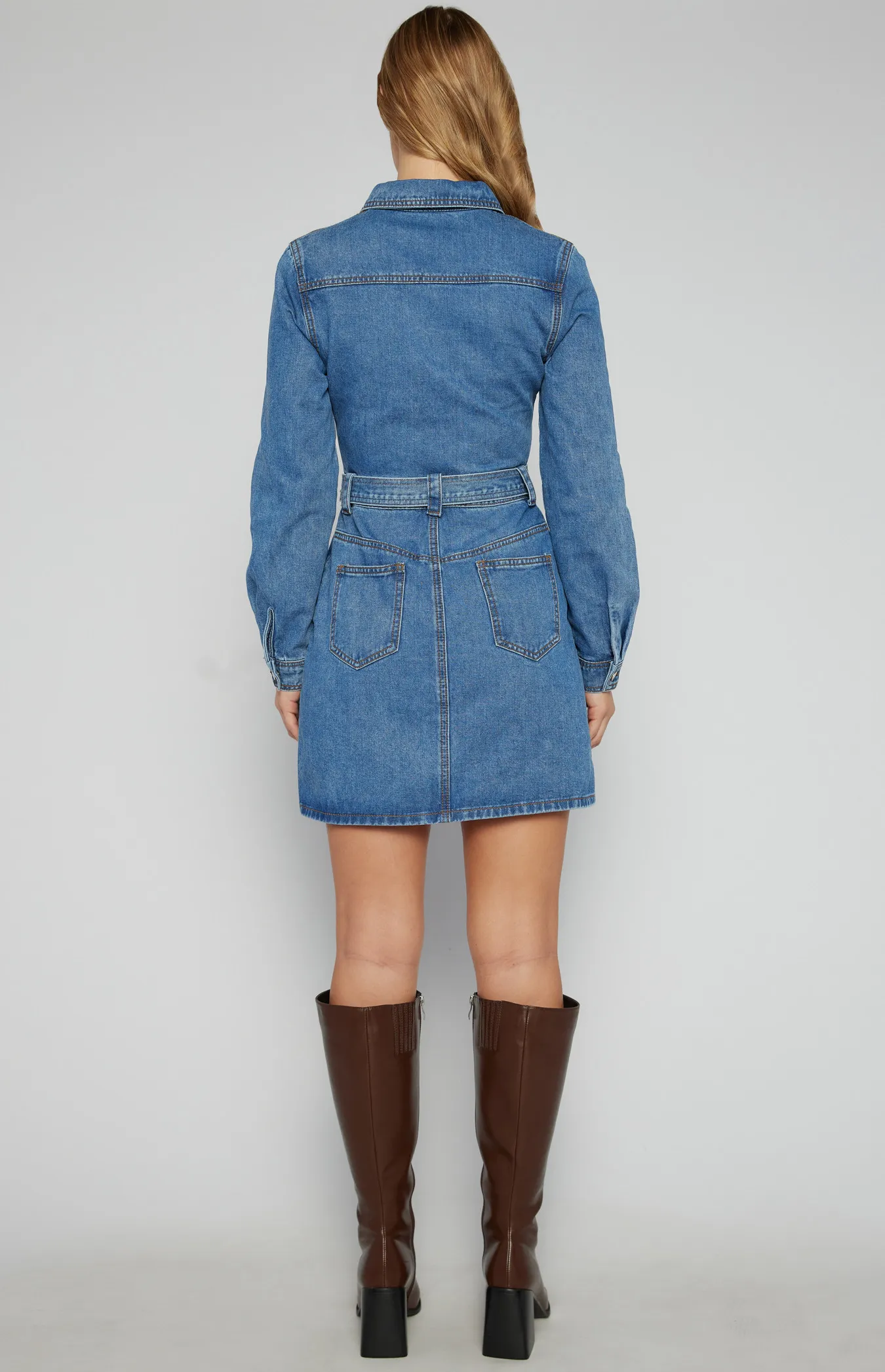 Denim Shirt Dress with Front Pockets and Metal Buckle Belt (SDM134B)