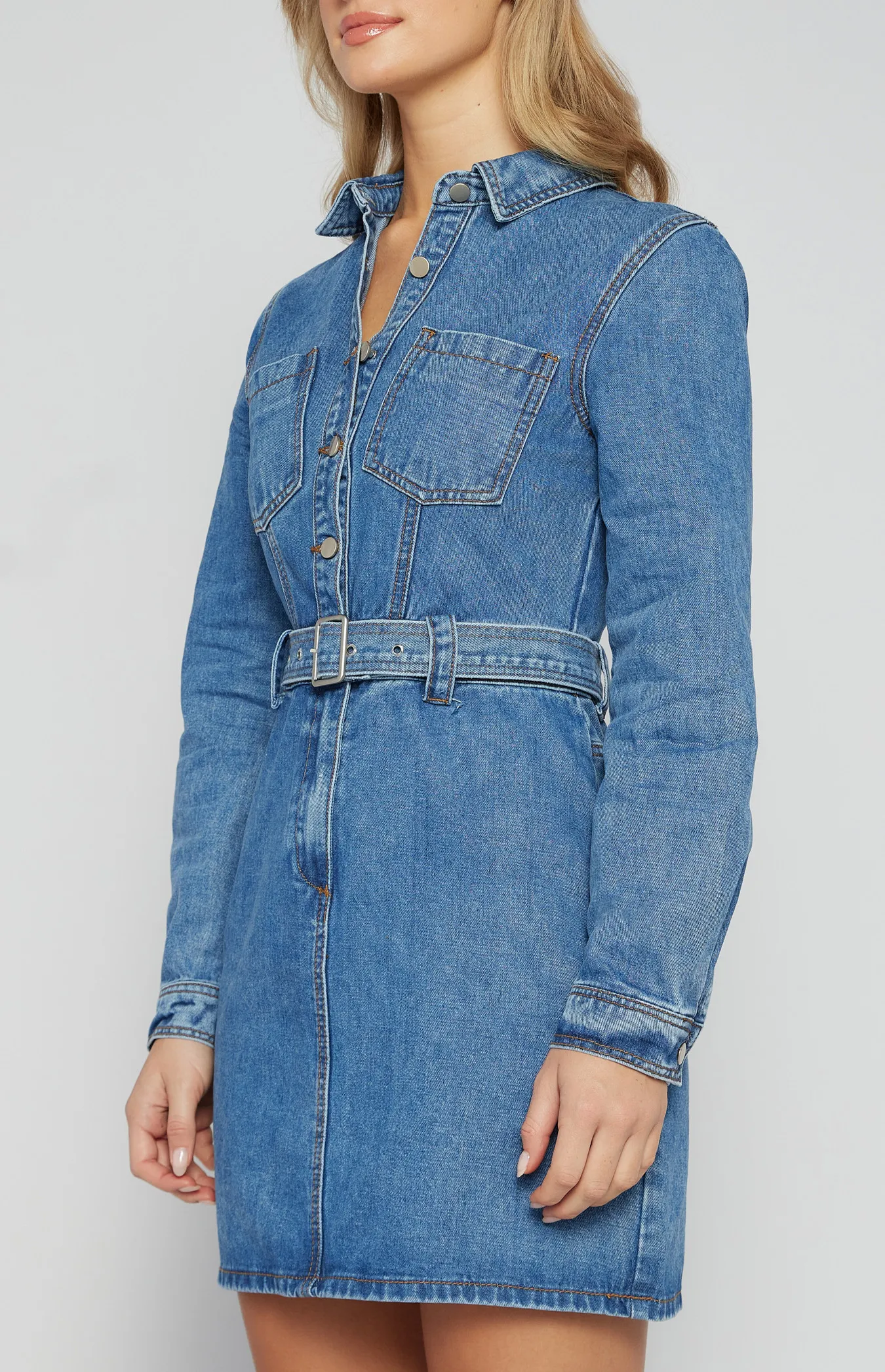 Denim Shirt Dress with Front Pockets and Metal Buckle Belt (SDM134B)