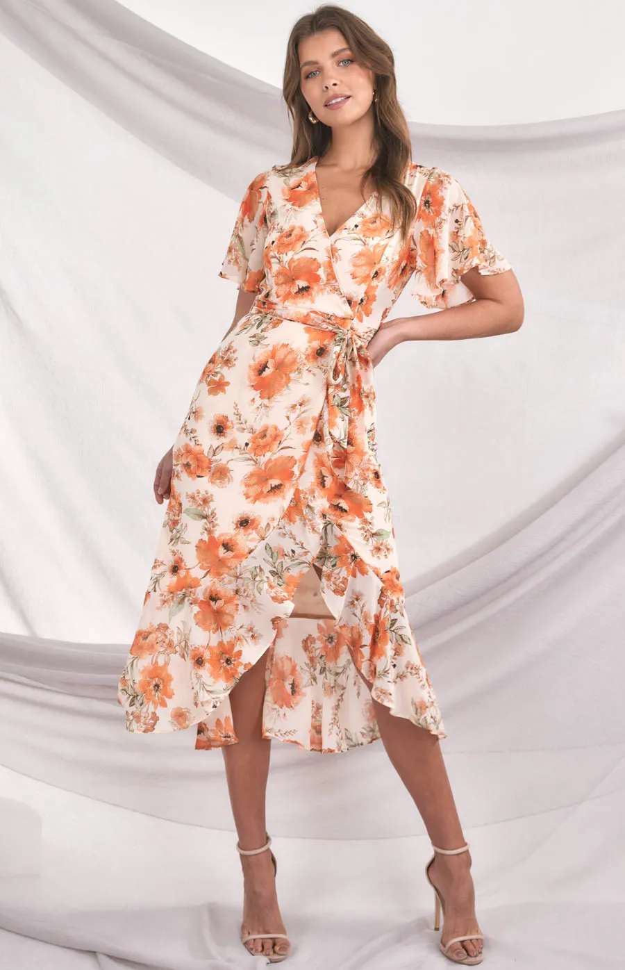 Floral Butterfly Sleeve Waterfall Hem Midi Dress (ADR1105A)