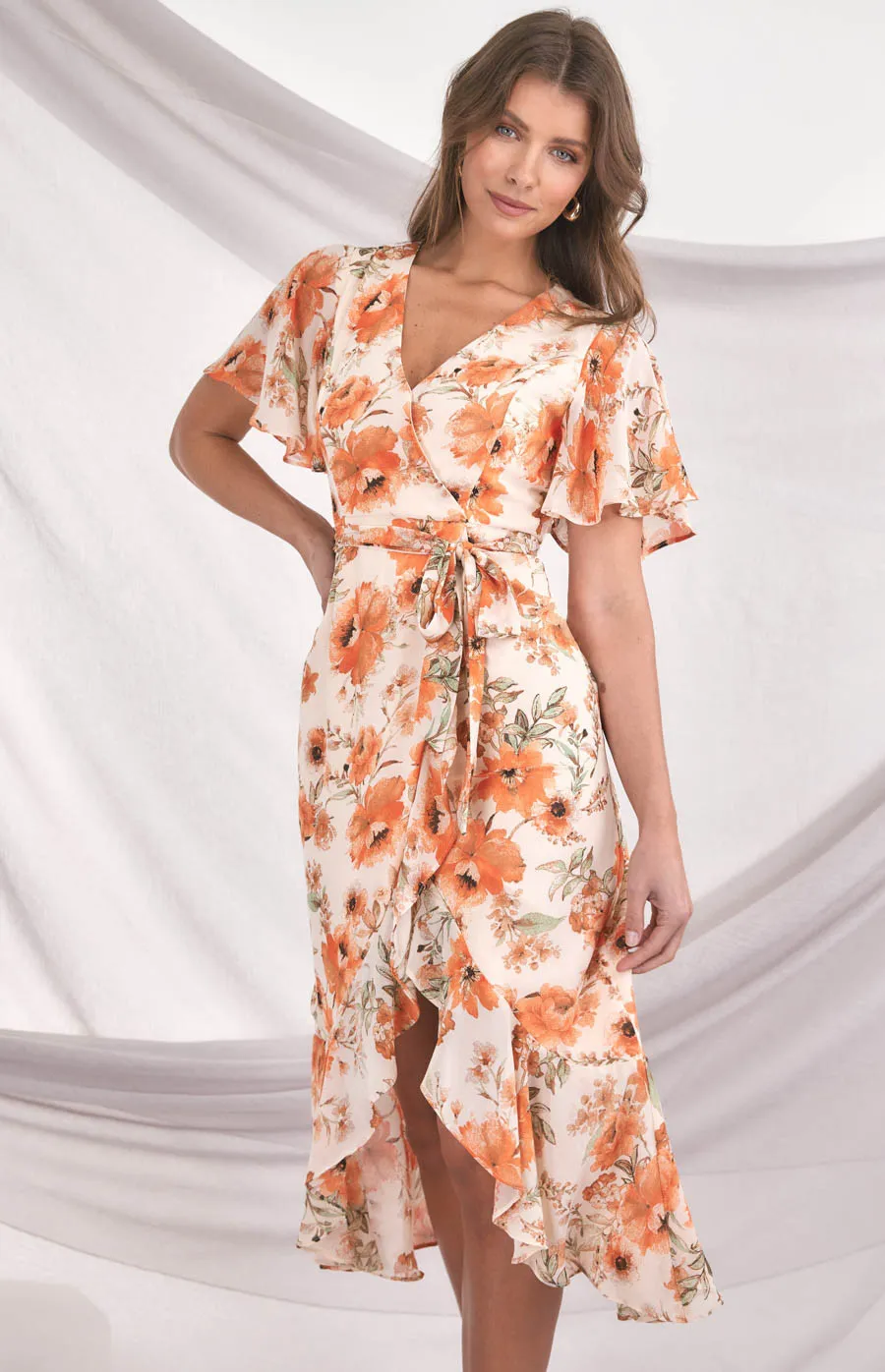 Floral Butterfly Sleeve Waterfall Hem Midi Dress (ADR1105A)