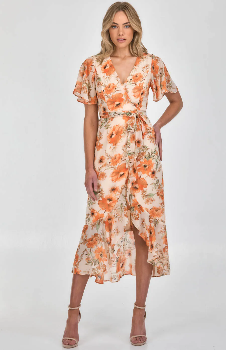 Floral Butterfly Sleeve Waterfall Hem Midi Dress (ADR1105A)