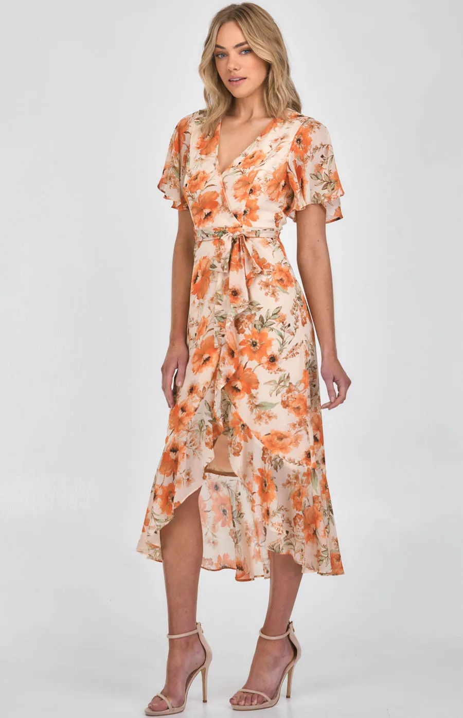 Floral Butterfly Sleeve Waterfall Hem Midi Dress (ADR1105A)