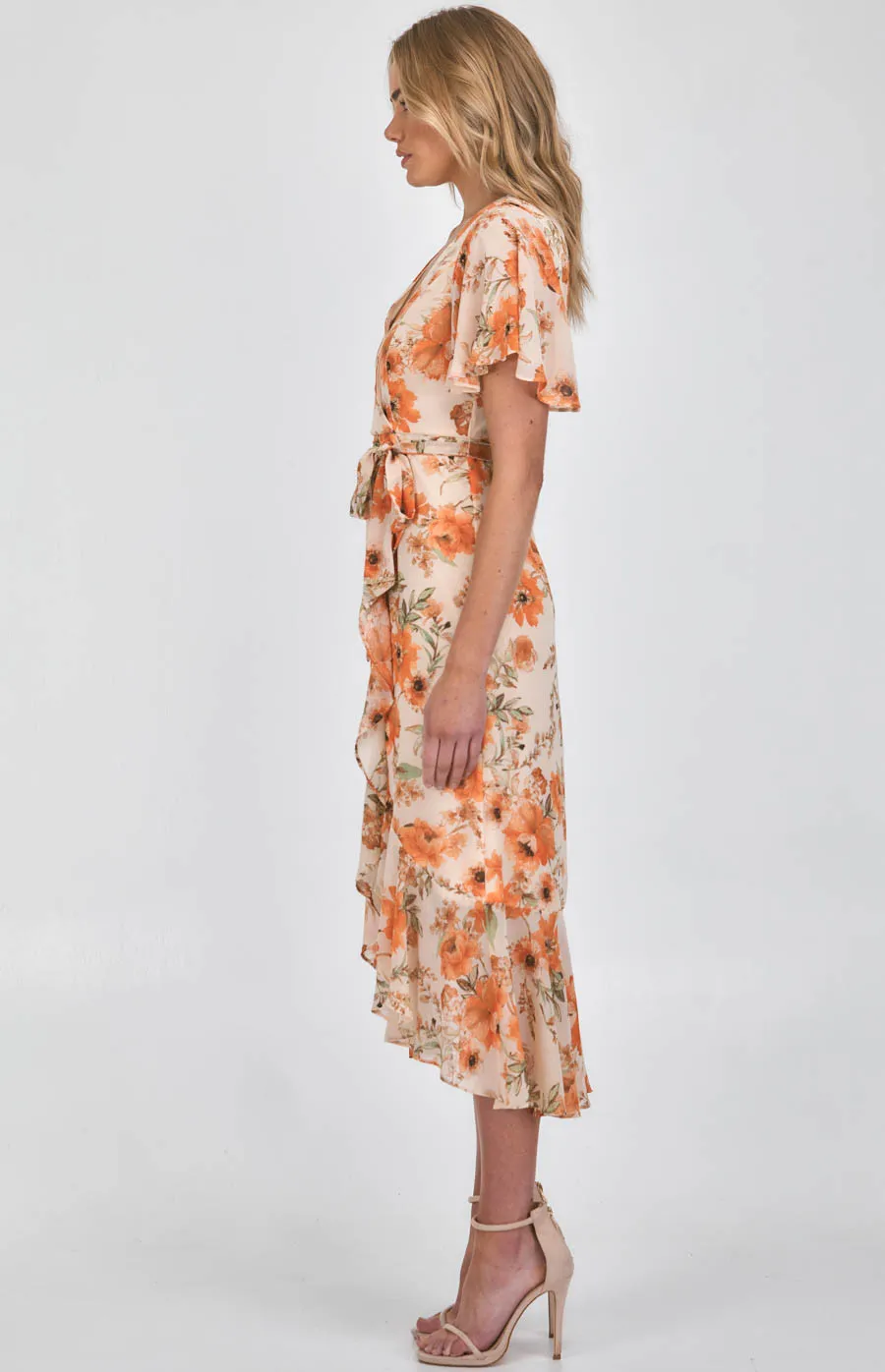 Floral Butterfly Sleeve Waterfall Hem Midi Dress (ADR1105A)