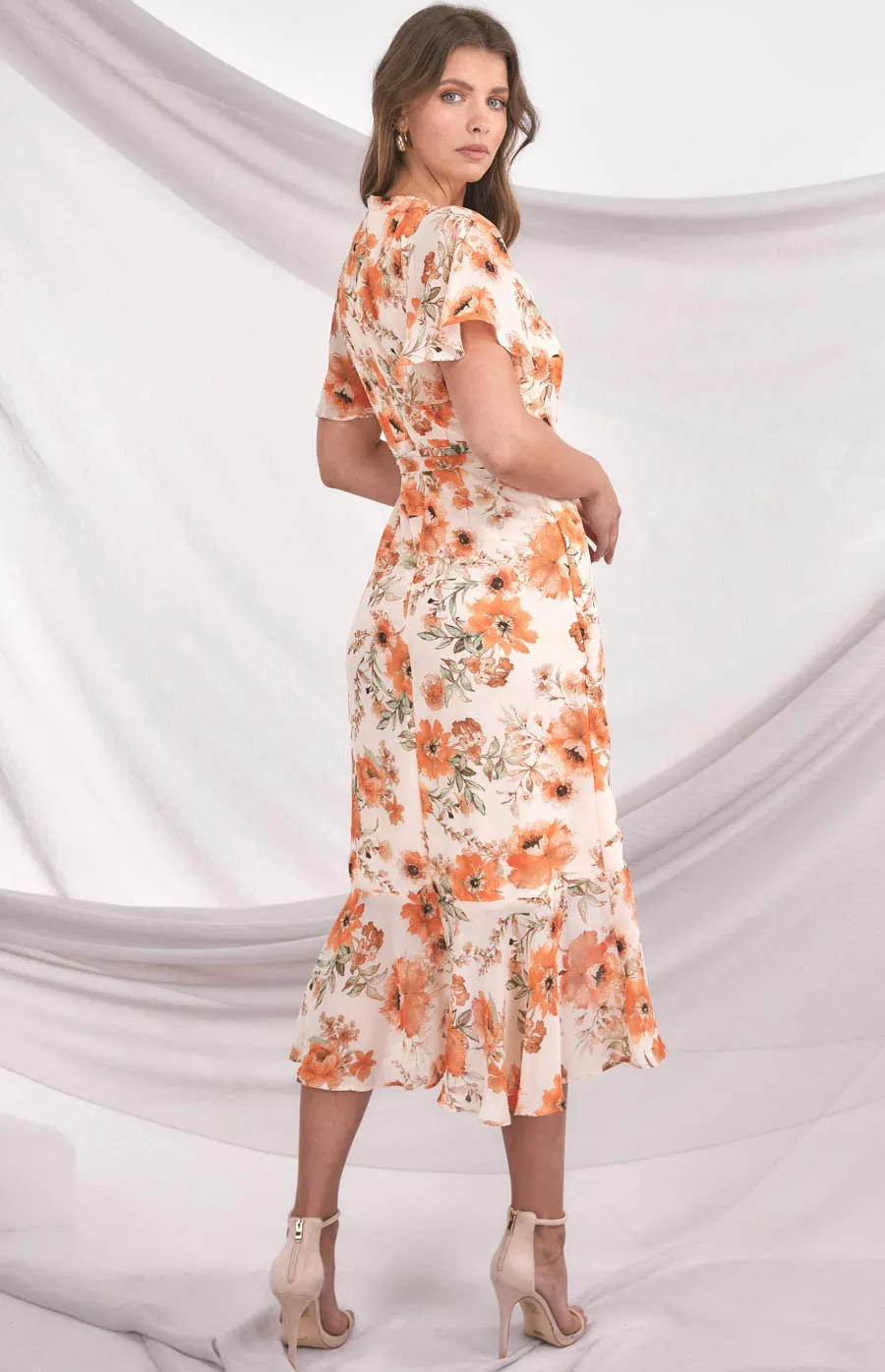 Floral Butterfly Sleeve Waterfall Hem Midi Dress (ADR1105A)