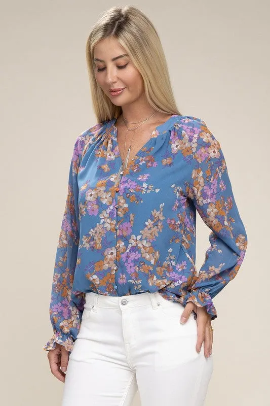 Floral Long-Sleeved Chiffon Blouse