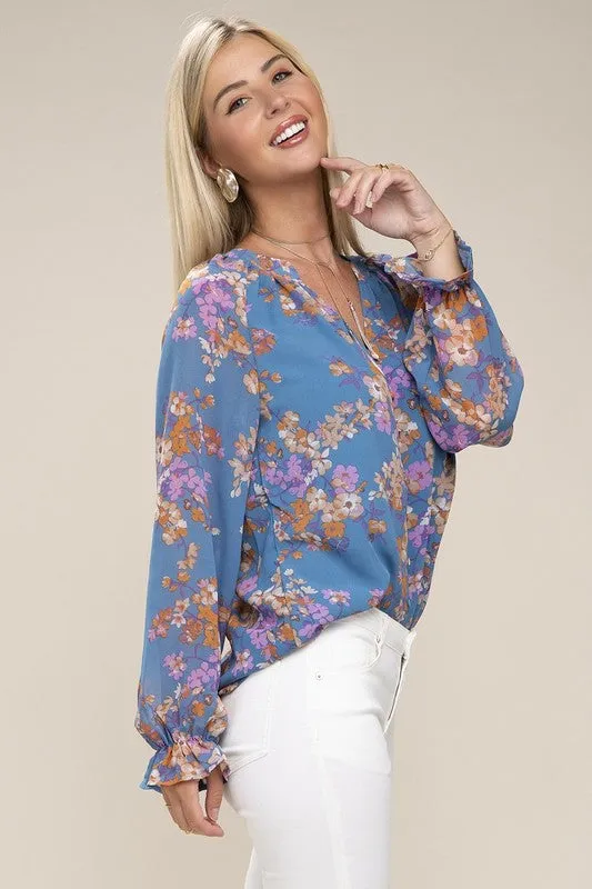 Floral Long-Sleeved Chiffon Blouse