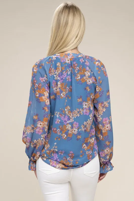 Floral Long-Sleeved Chiffon Blouse