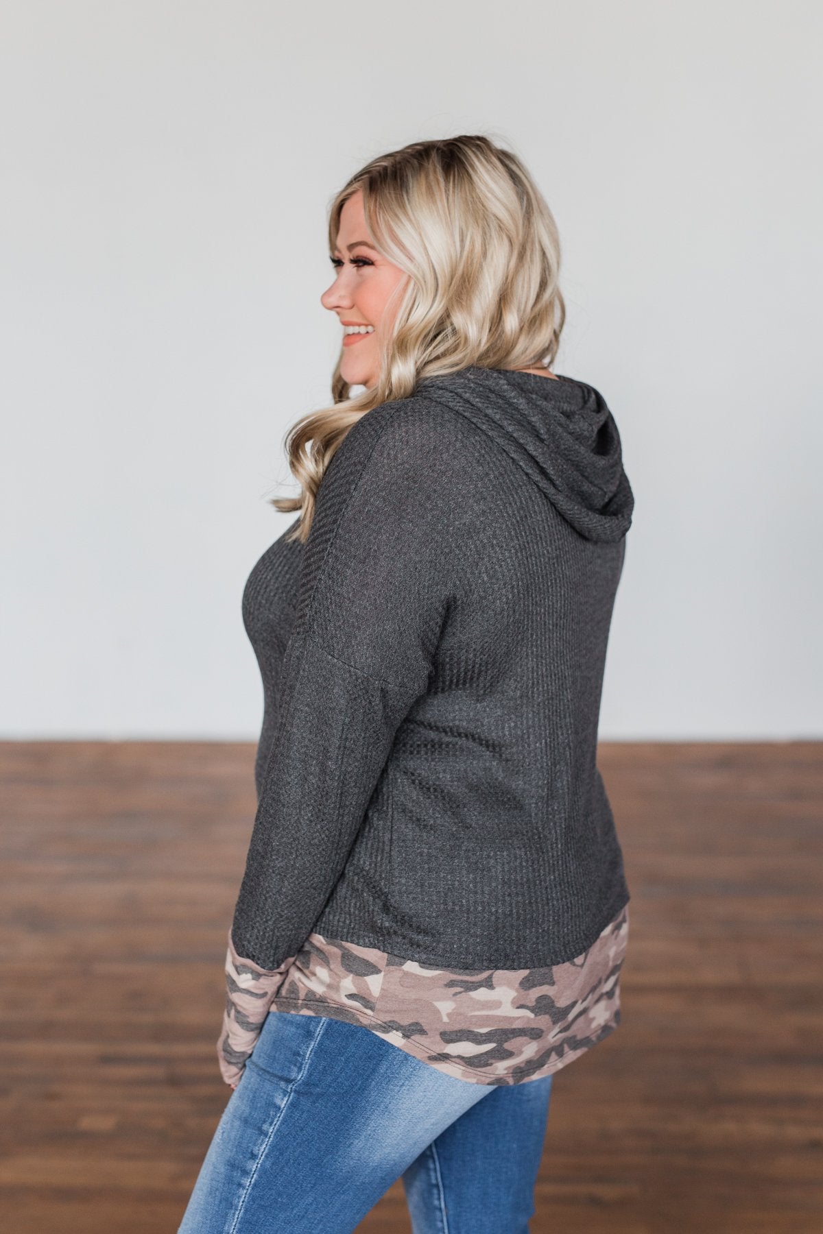 Keep It Real Lightweight Knit Hoodie- Charcoal & Camo