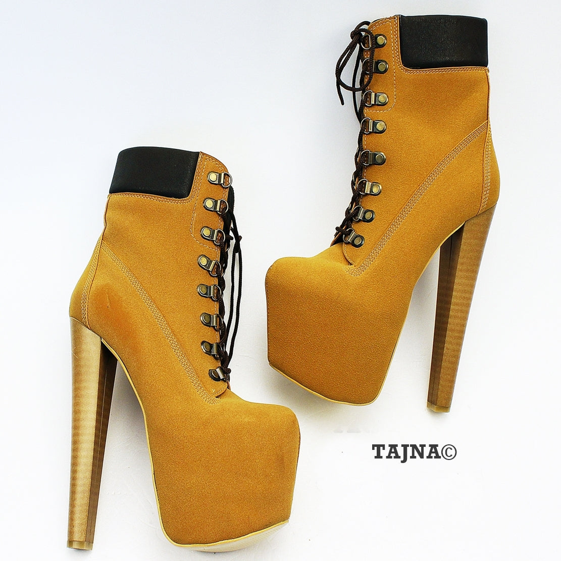 Lace Up Camel High Heel Platform Boots