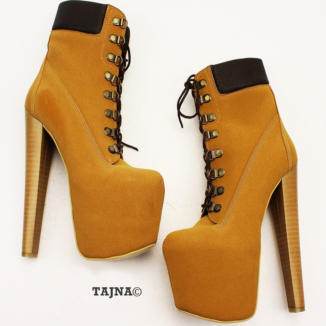 Lace Up Camel High Heel Platform Boots