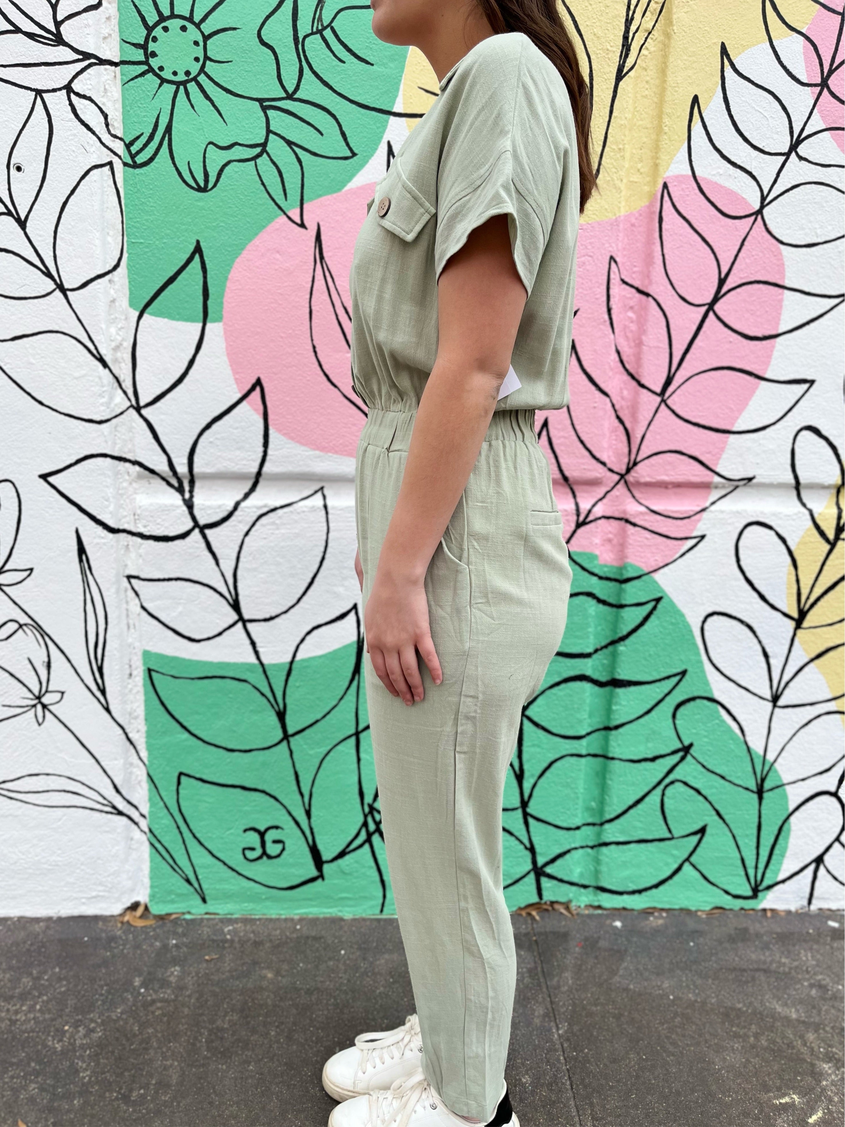 LINEN V NECK JUMPSUIT - SAGE