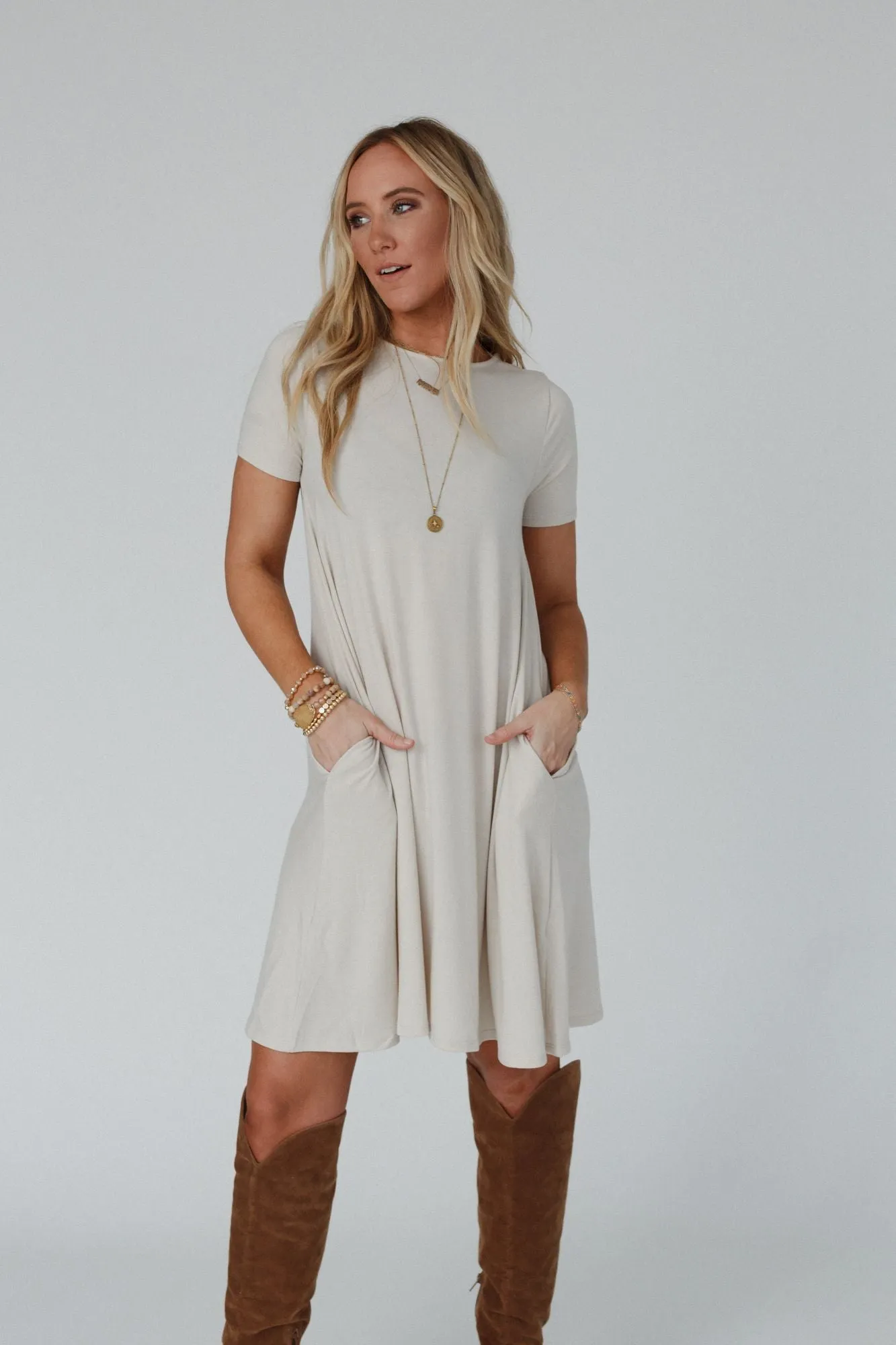 Lyric Pocket Tee Dress - Beige