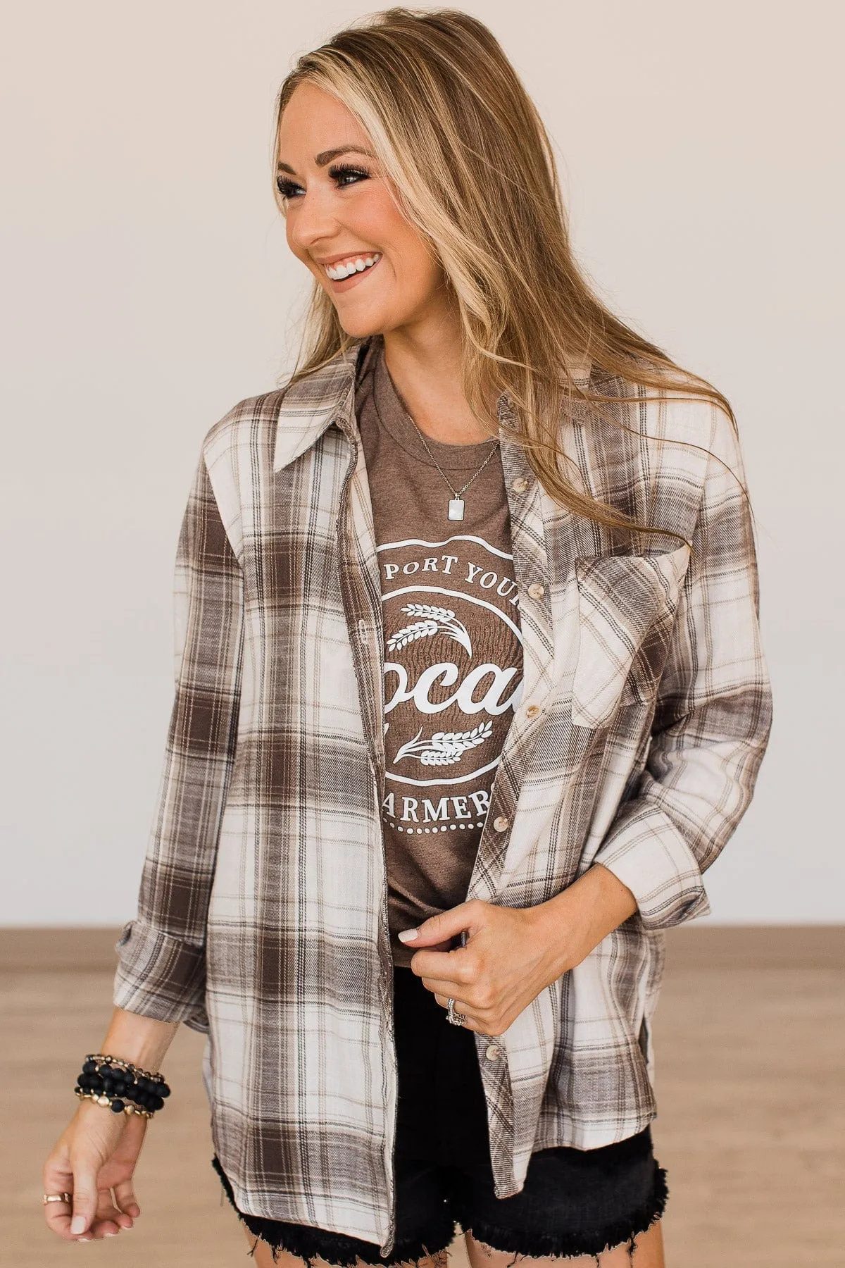 Make It Count Plaid Button Top- Ivory & Taupe