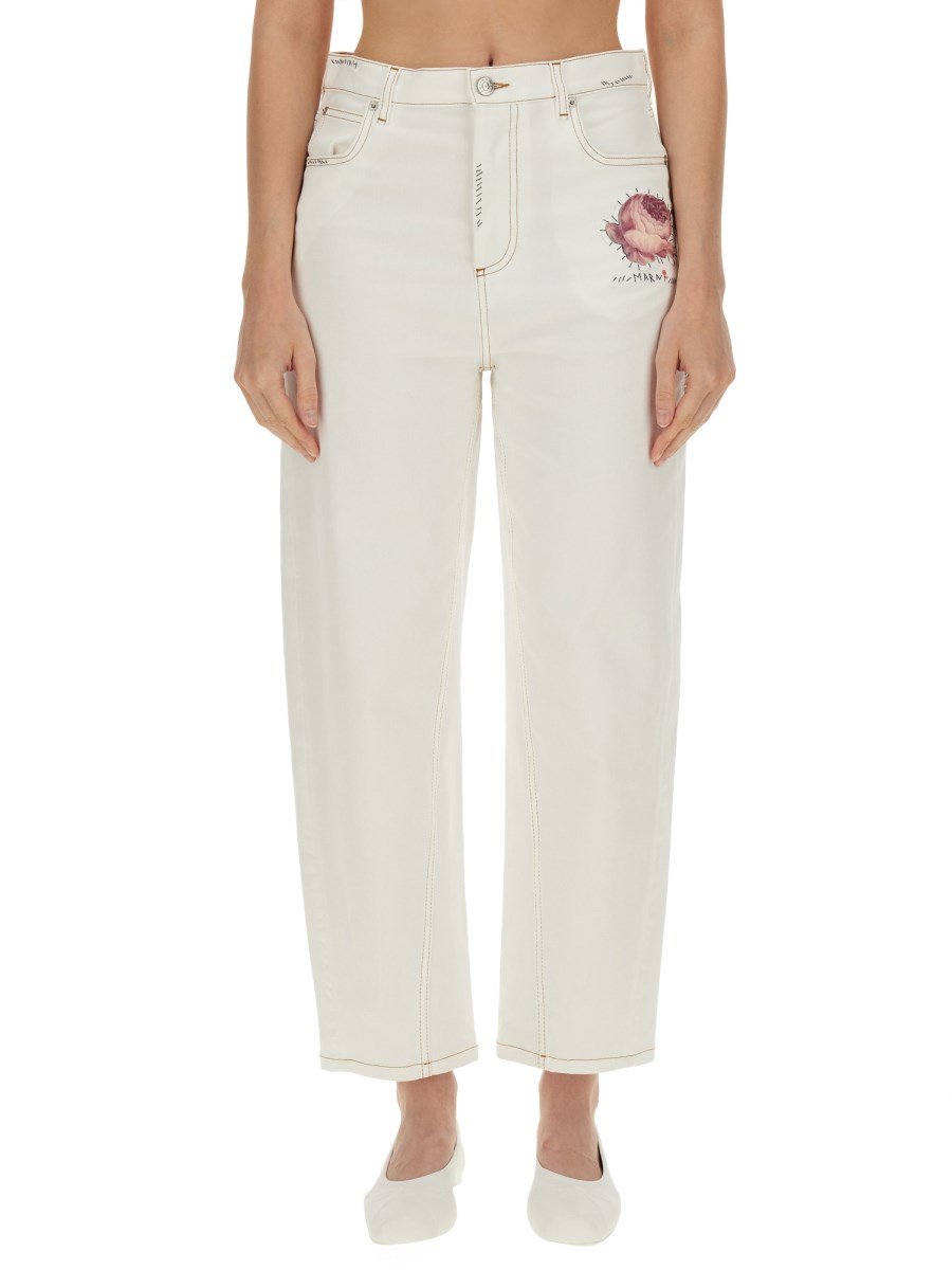 MARNI    DENIM PANTS WITH FLOWER APPLIQUE