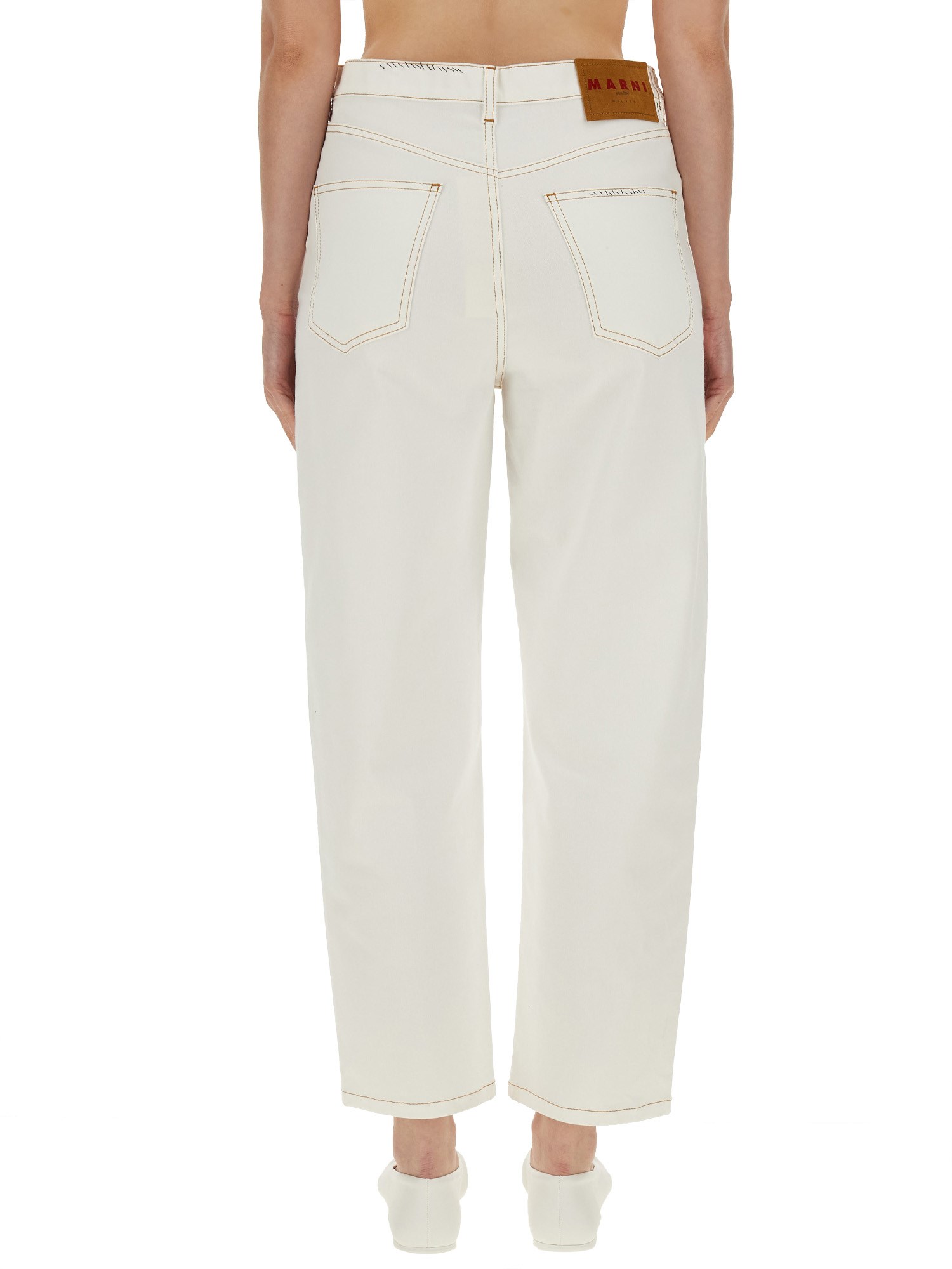 MARNI    DENIM PANTS WITH FLOWER APPLIQUE