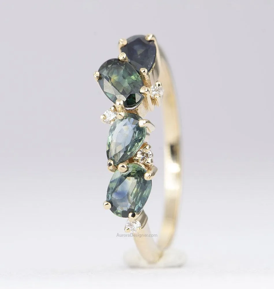 Mermaid Sapphire Diamond Cluster Ring 18K Rose Gold AD1469BU2