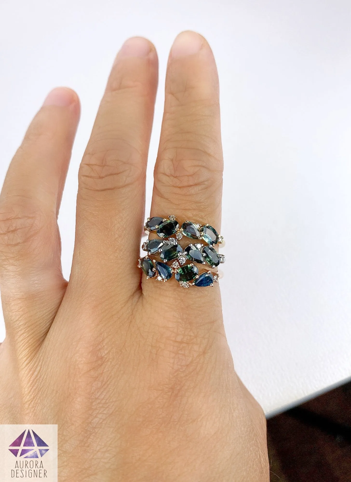 Mermaid Sapphire Diamond Cluster Ring 18K Rose Gold AD1469BU2