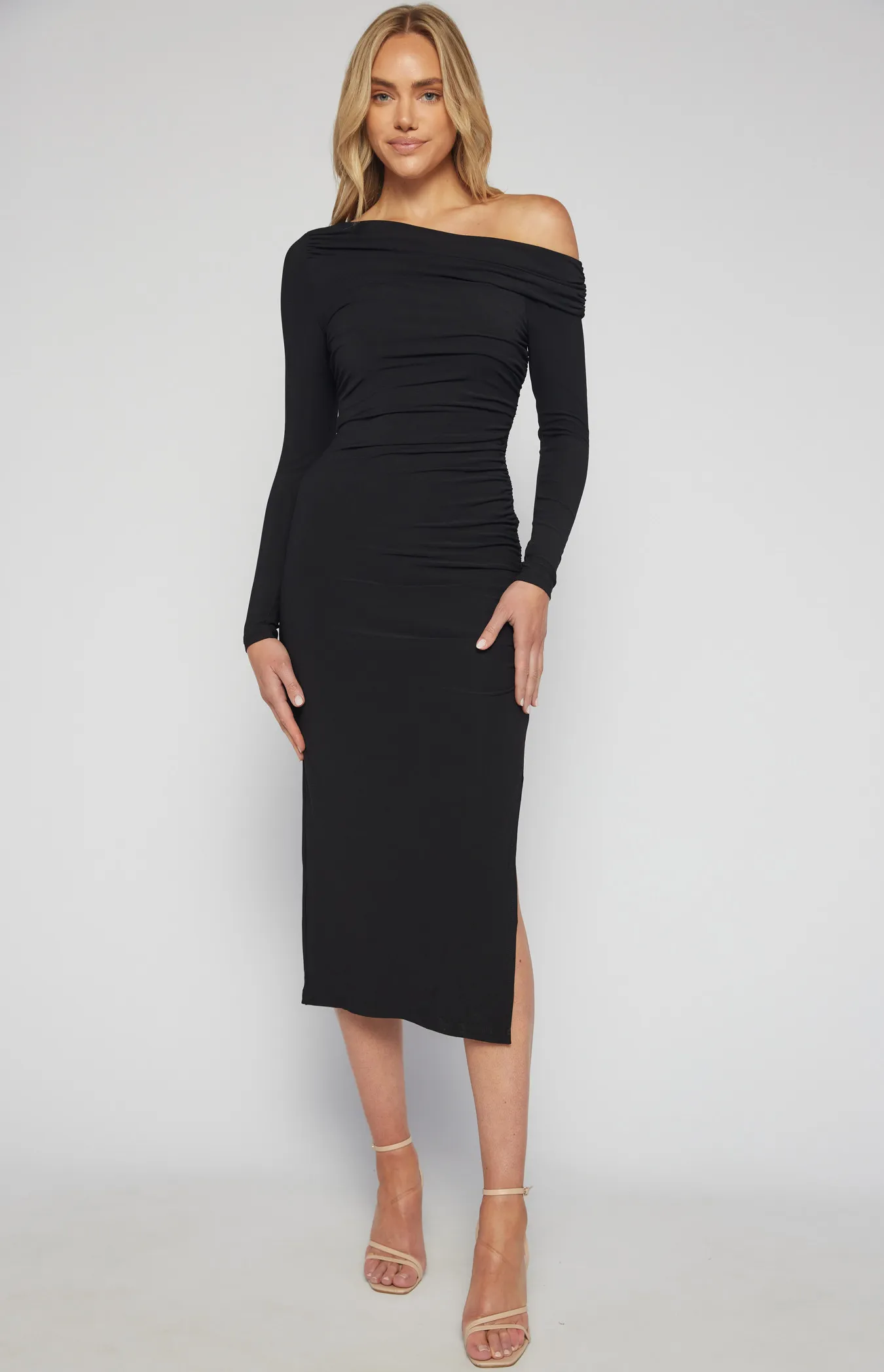 One Shoulder Ruche Detail Jersey Midi Dress (SDR1566A)