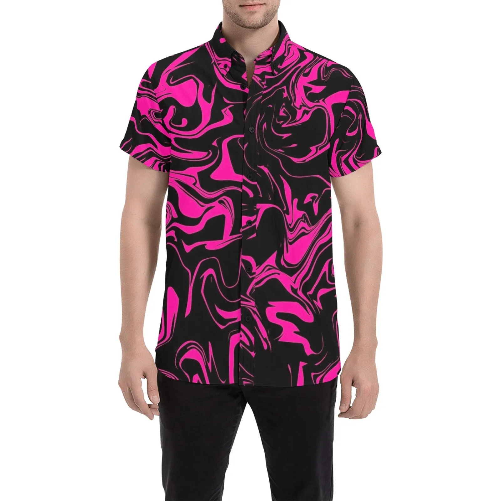 Pink and Black Oil Spill Men's Big & Tall Short Sleeve Button Up Shirt