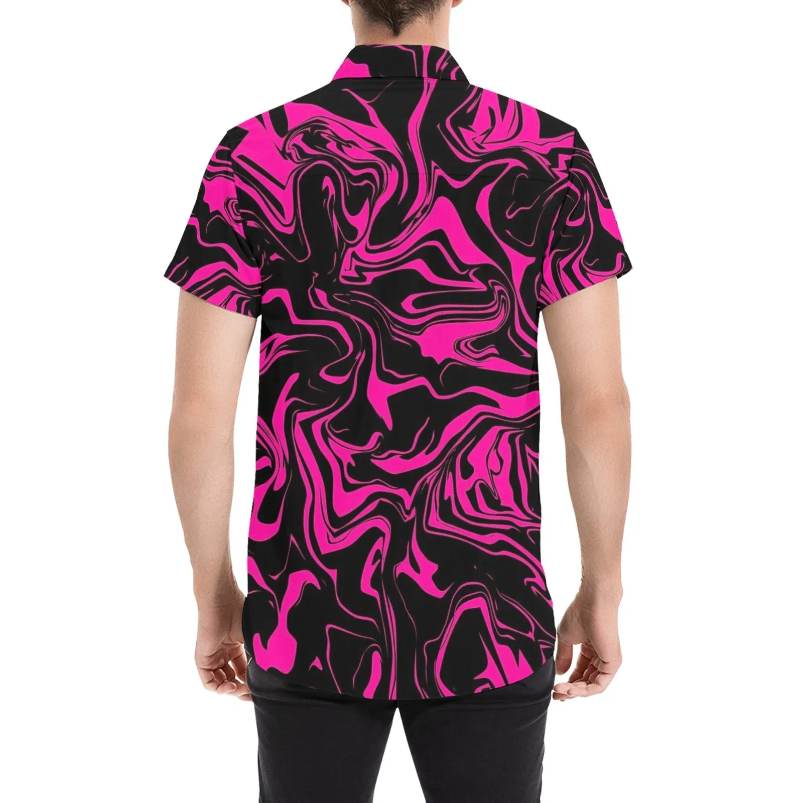 Pink and Black Oil Spill Men's Big & Tall Short Sleeve Button Up Shirt