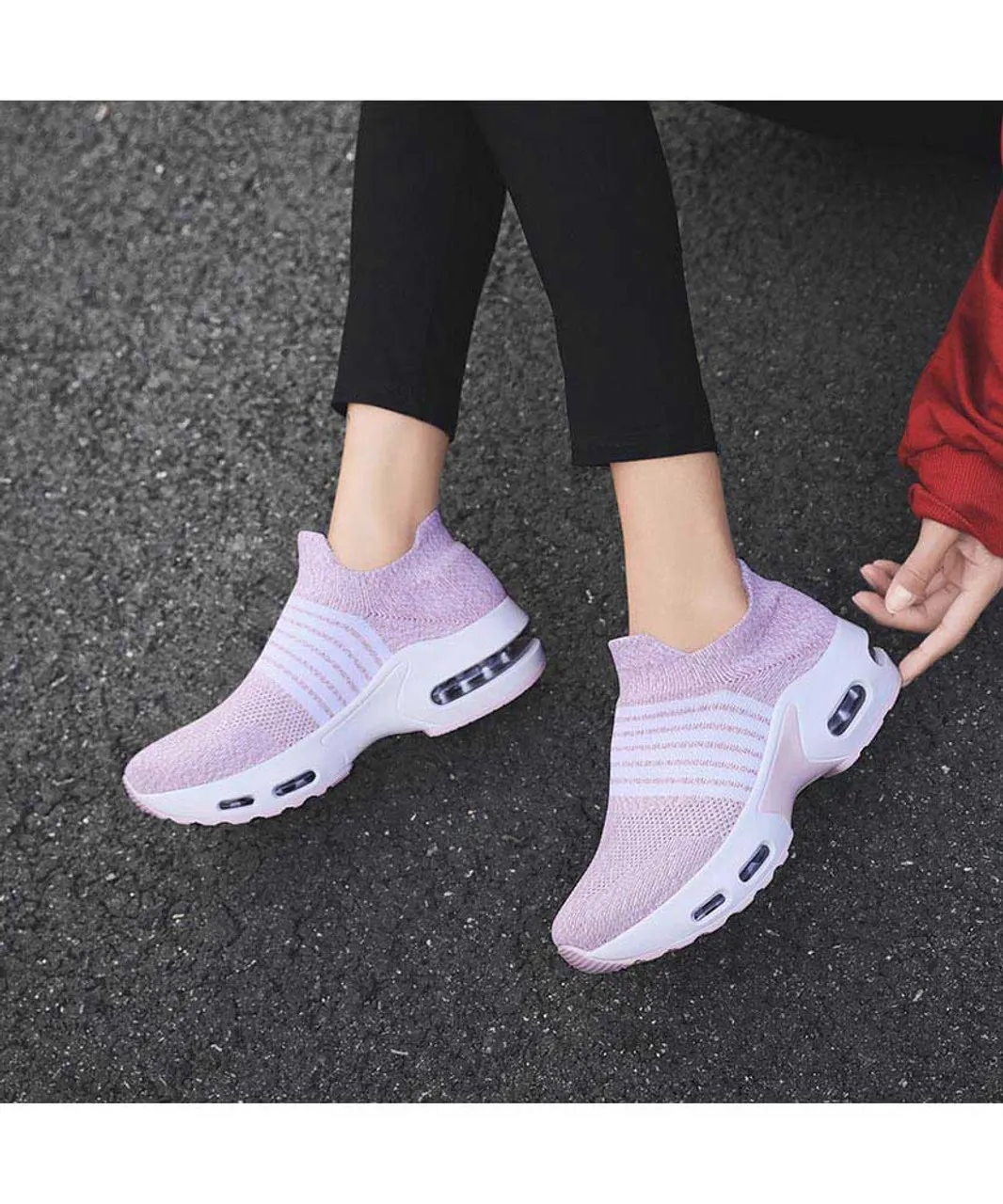 Pink white stripe flyknit slip on shoe sneaker