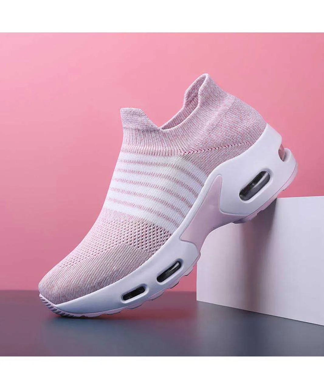 Pink white stripe flyknit slip on shoe sneaker