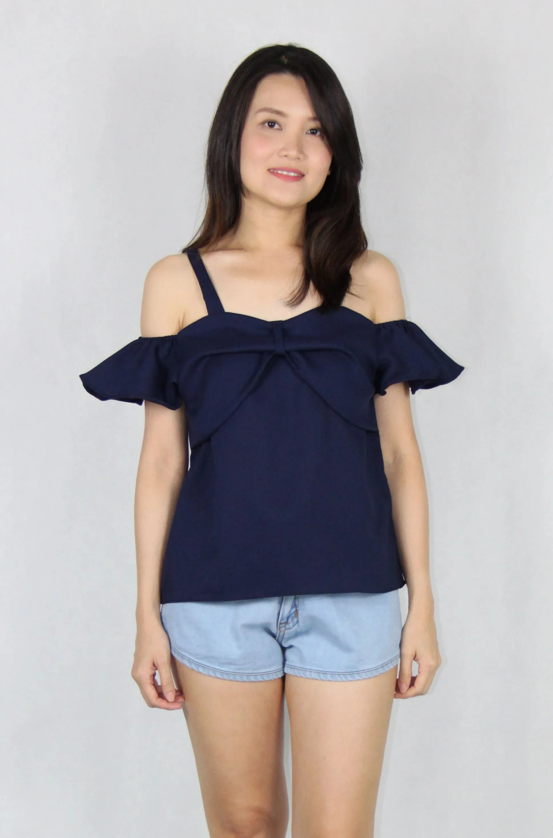 Ruffles Off-Shoulder Top in Navy Blue