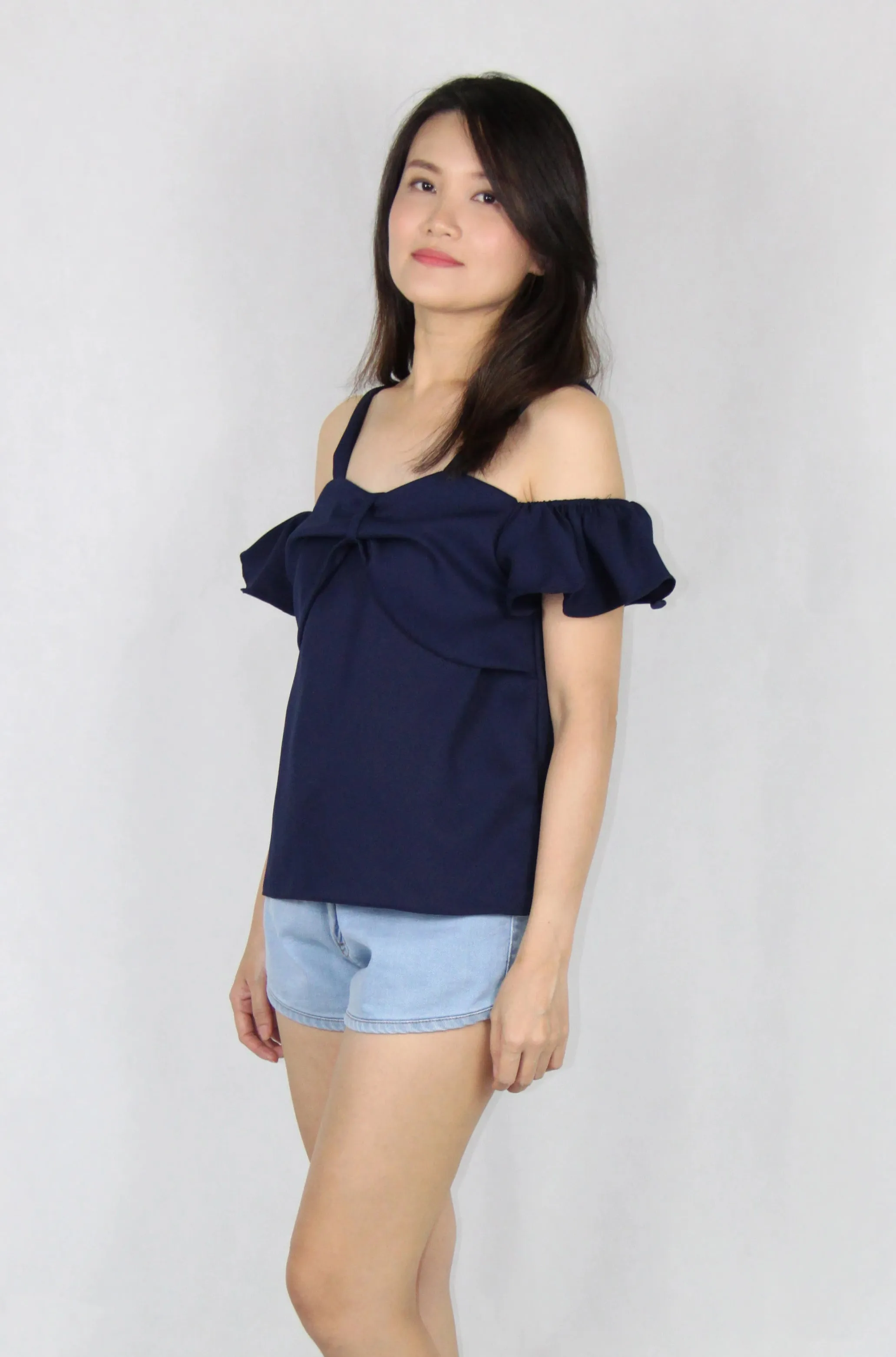 Ruffles Off-Shoulder Top in Navy Blue