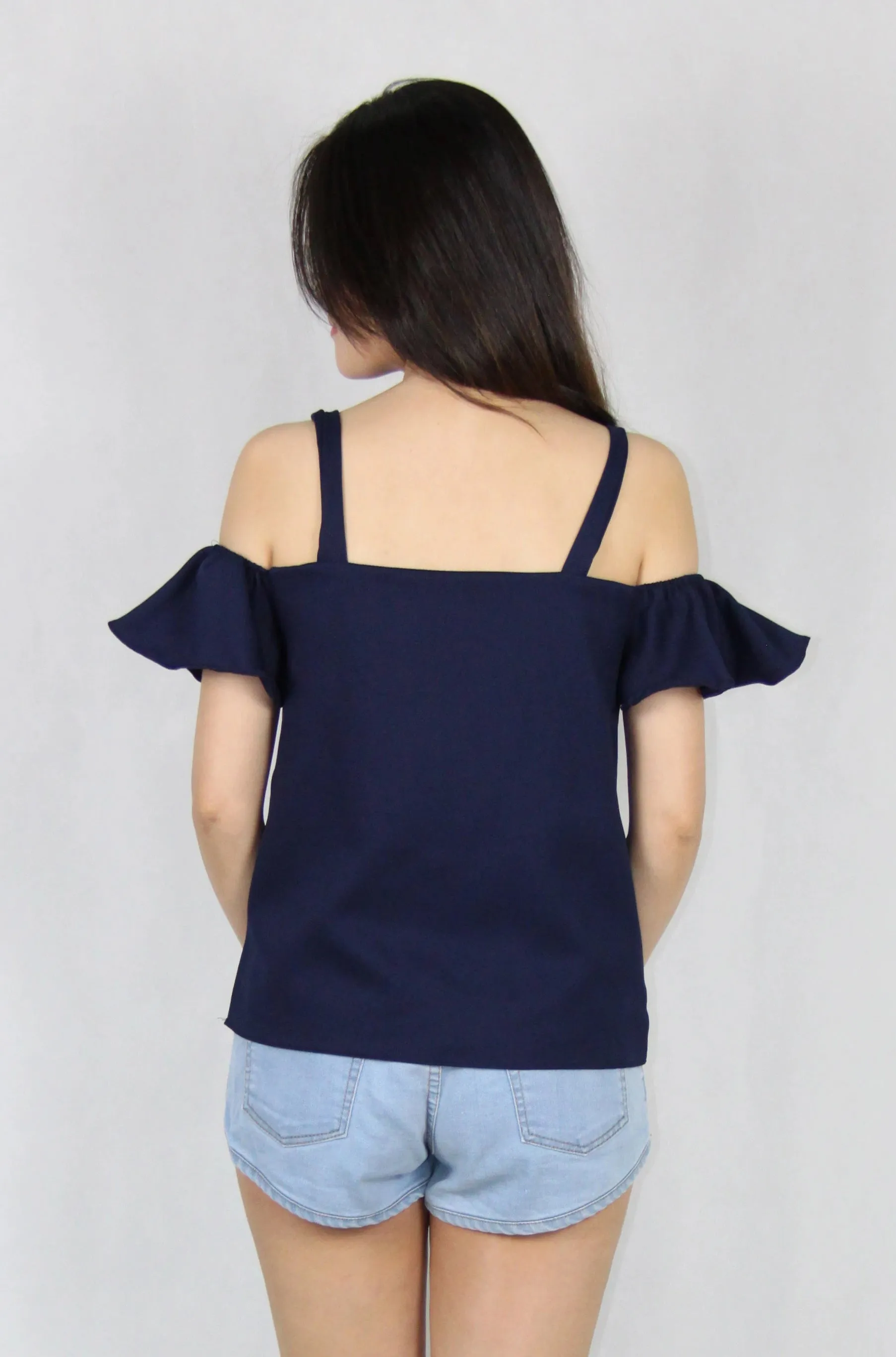 Ruffles Off-Shoulder Top in Navy Blue