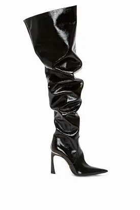 Thigh High Pointy Boot in Black Patent