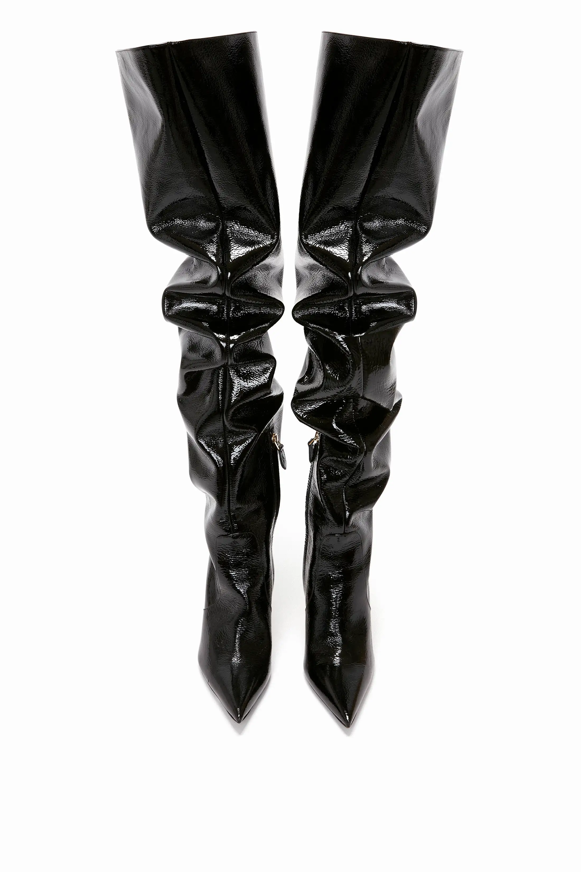 Thigh High Pointy Boot in Black Patent