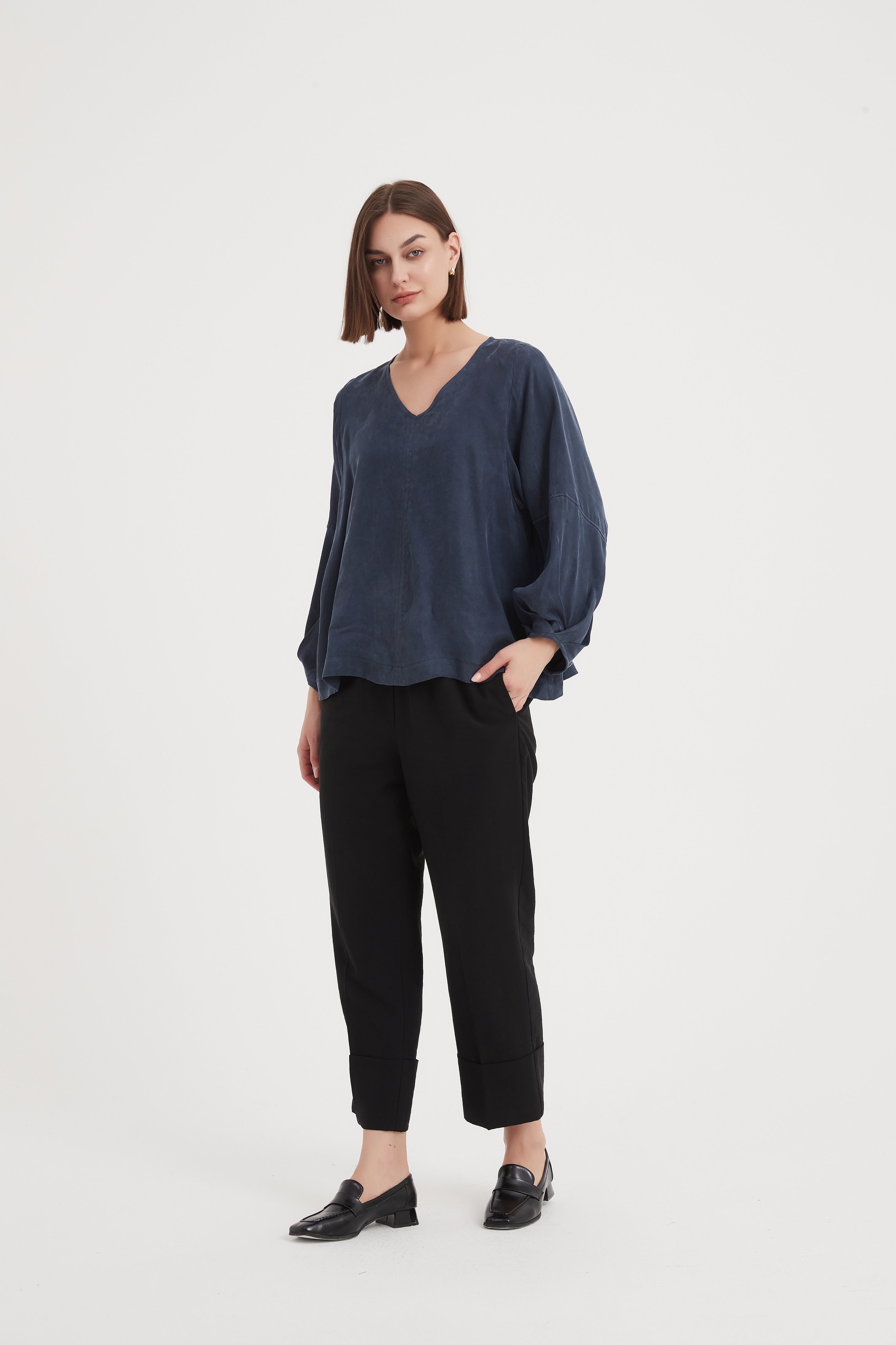 Tirelli - V Neck Bishop Long Sleeve Top - Deep Ocean