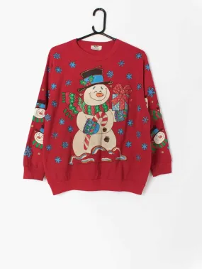 Vintage Christmas sweater feat. large snowman with snowman sleeves, Nutcracker 1980s – Small / Medium