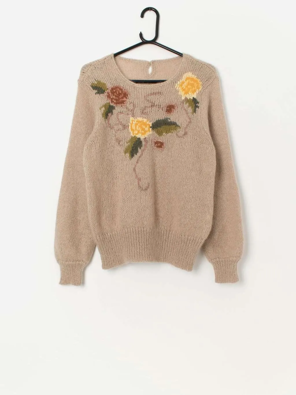 Vintage handknitted floral beige sweater – Small / Medium